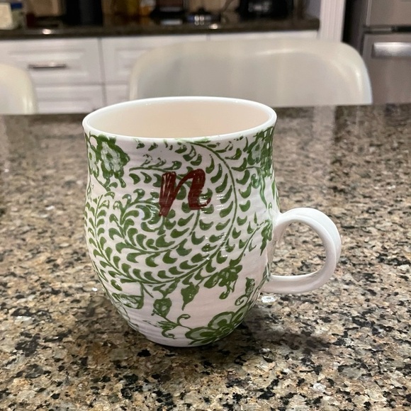 Anthropologie Green White Floral Mug Brown Monogram Initial Mug Lower Case “n” - Picture 10 of 10